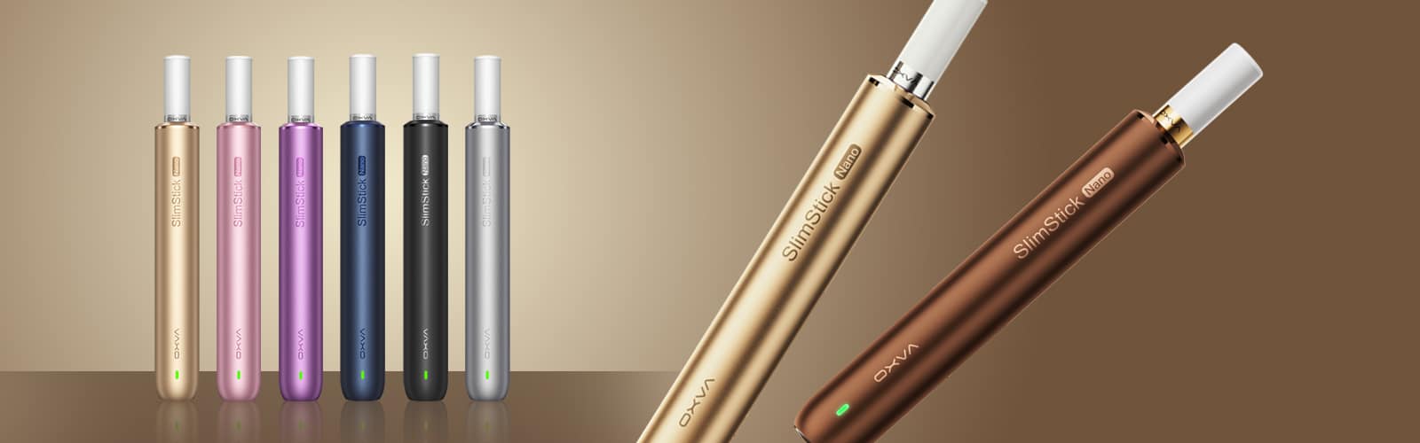 OXVA SlimStick Nano Pod Kit E-Zigarette in mehreren Farben (Gold, Rosa, Lila, Blau, Schwarz, Silber) vor braunem Hintergrund