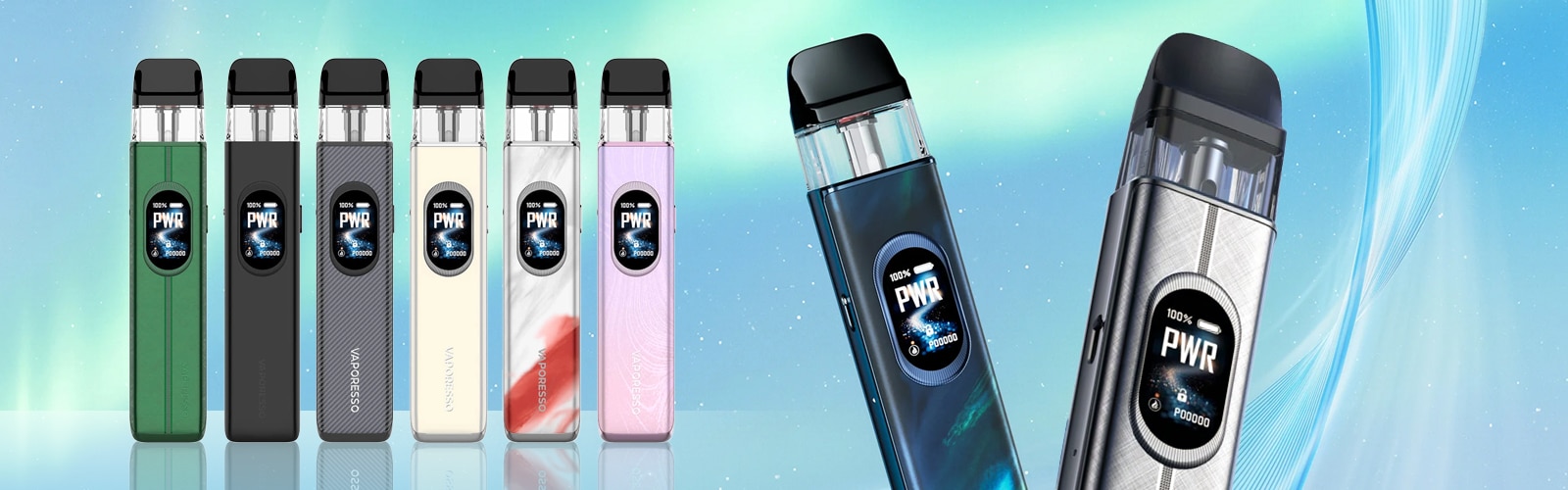 Kit Vaporesso PWR Pod Vape 20 mg, plusieurs couleurs avec présentoir : à gauche, la sélection des couleurs ; à droite, deux appareils sur fond bleu
