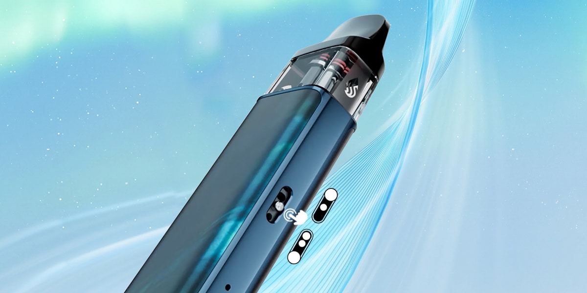 Système de pods de vapotage bleu avec pod transparent, curseur latéral et icône de débit d'air, 20 mg de nicotine