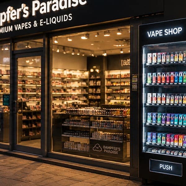 Exterior view of Dampfer’s Paradise Premium Vapes & E-Liquids, featuring an illuminated vape shop display and the entrance