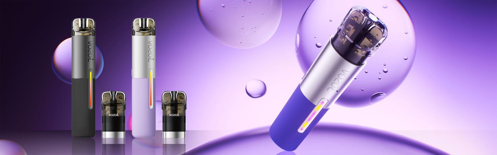 VOZOL Pod Vape 20 mg in Violett, Blau und Schwarz mit Pods vor violettem Hintergrund mit Blasen