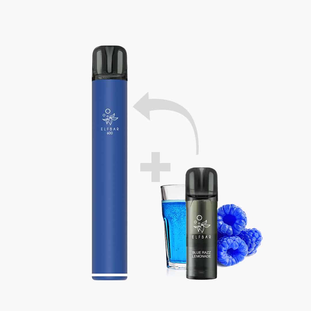 ELFBAR 600 Vape in Blau mit Pod Blue Razz Lemonade, 20 mg Nikotin, mit blauem Drink und Beeren im Hintergrund