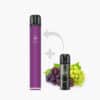 ELFBAR 600 Pod Vape Grape 20 mg in Lila mit austauschbarem Pod, Trauben im Hintergrund und Wechselpfeil