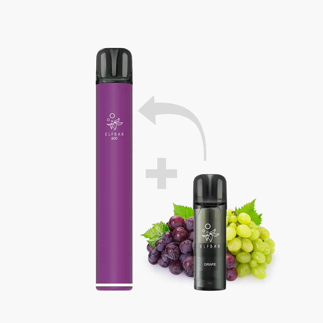 ELFBAR 600 Pod Vape Grape 20 mg in Lila mit austauschbarem Pod, Trauben im Hintergrund und Wechselpfeil