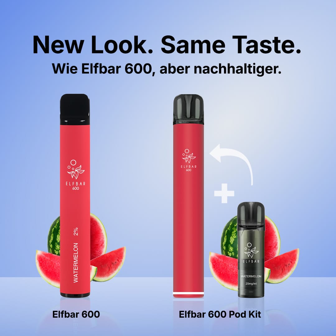 Elfbar 600 Pod Kit Watermelon 20 mg in Rot mit Pod, daneben Elfbar 600 Einweg-Vape und Wassermelonenstücke auf blauem Hintergrund