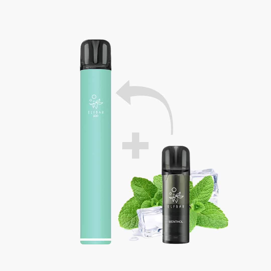 ELFBAR 600 Vape in Mintgrün mit ELFBAR Menthol Pod 20 mg, daneben Minzblätter und Eiswürfel auf weissem Hintergrund