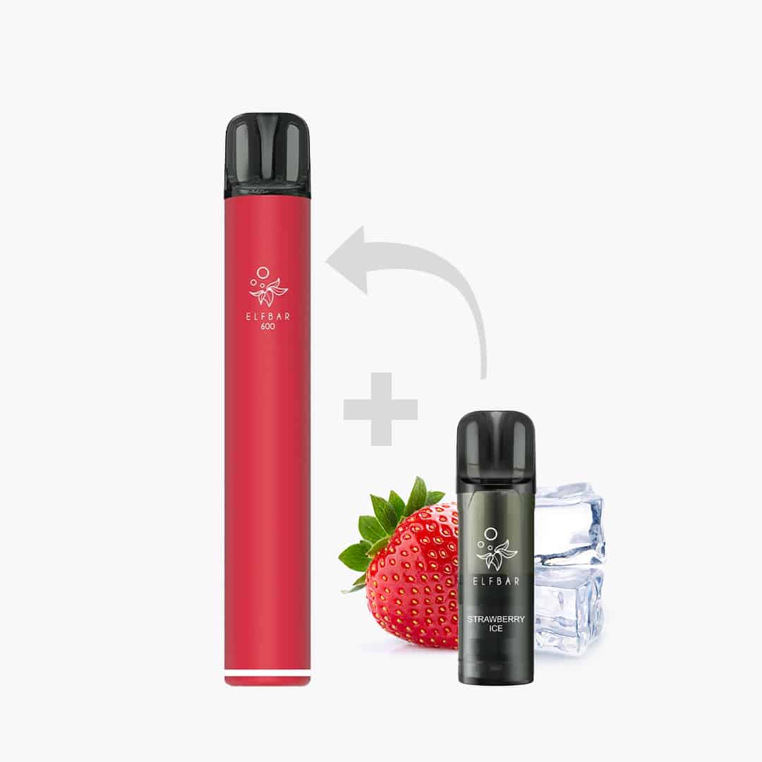 ELFBAR 600 Vape Strawberry Ice 20 mg in Rot und Schwarz, mit Erdbeere und Eiswürfeln als Geschmacks-Hinweis