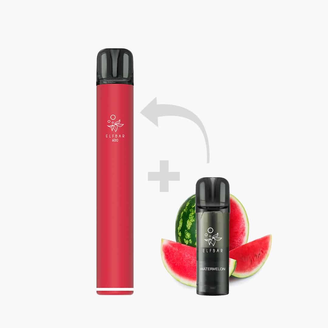 Elf Bar 600 Vape Watermelon 20 mg in Rot mit Wassermelonen-Motiv und kleiner Elf Bar Watermelon Packshot auf hellem Hintergrund