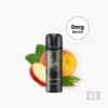 ELFBAR Apple Peach Vape V2 mit 0 mg Nikotin, schwarzes Gerät vor Apfel- und Pfirsichfrüchten