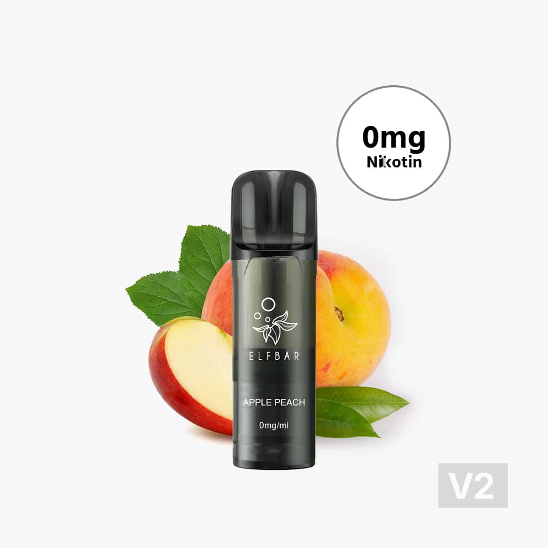 ELFBAR Apple Peach Vape V2 with 0 mg of nicotine, black device featuring apple and peach fruit designs