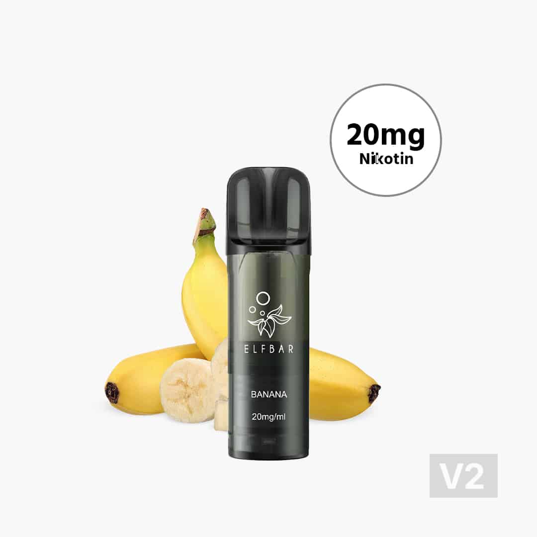 Sigaretta elettronica ELFBAR V2 con 20 mg di nicotina, dispositivo verde scuro con banane sullo sfondo