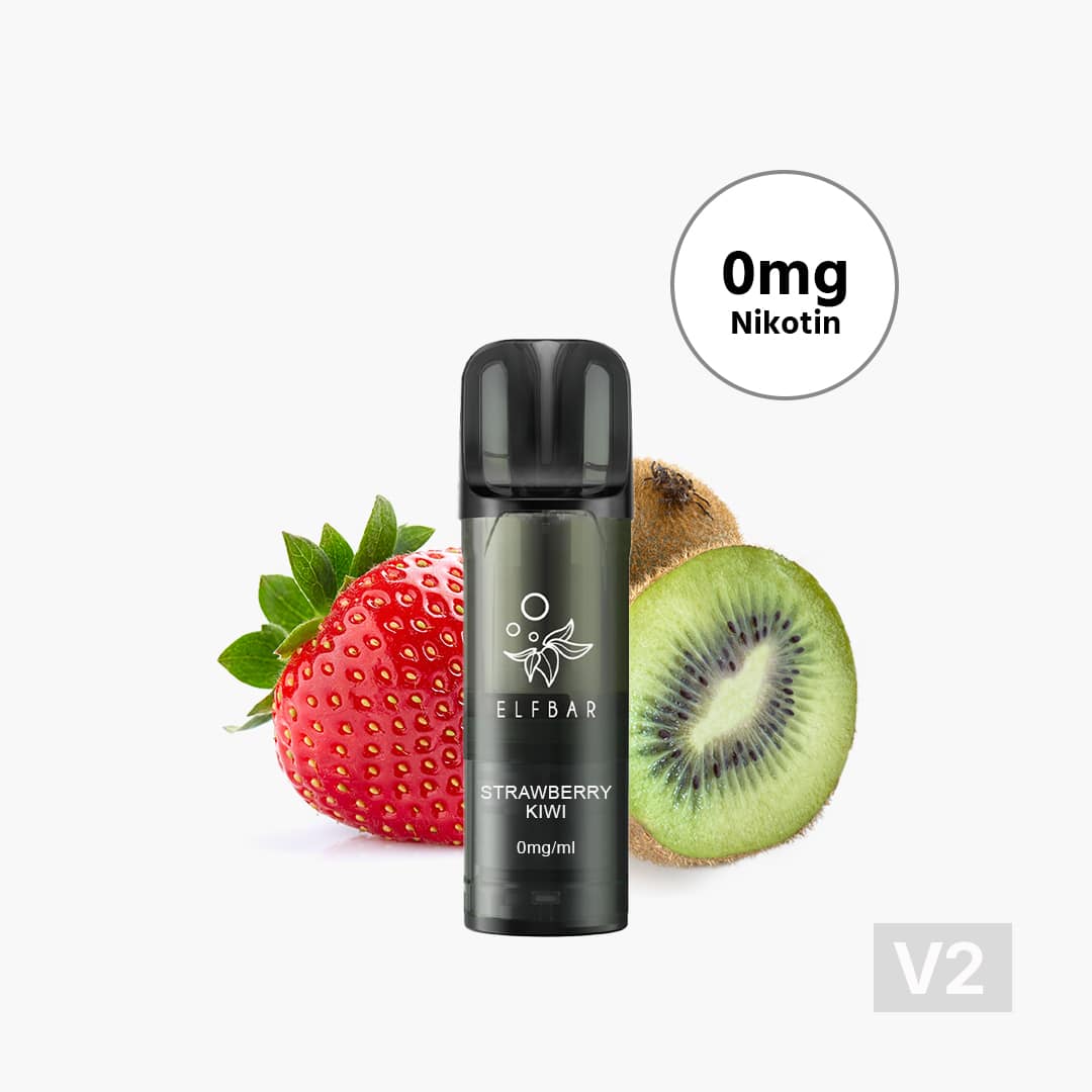 Elfbar Strawberry Kiwi Vape 0 mg Nikotin, schwarzes Gerät vor Erdbeere und aufgeschnittener Kiwi, V2