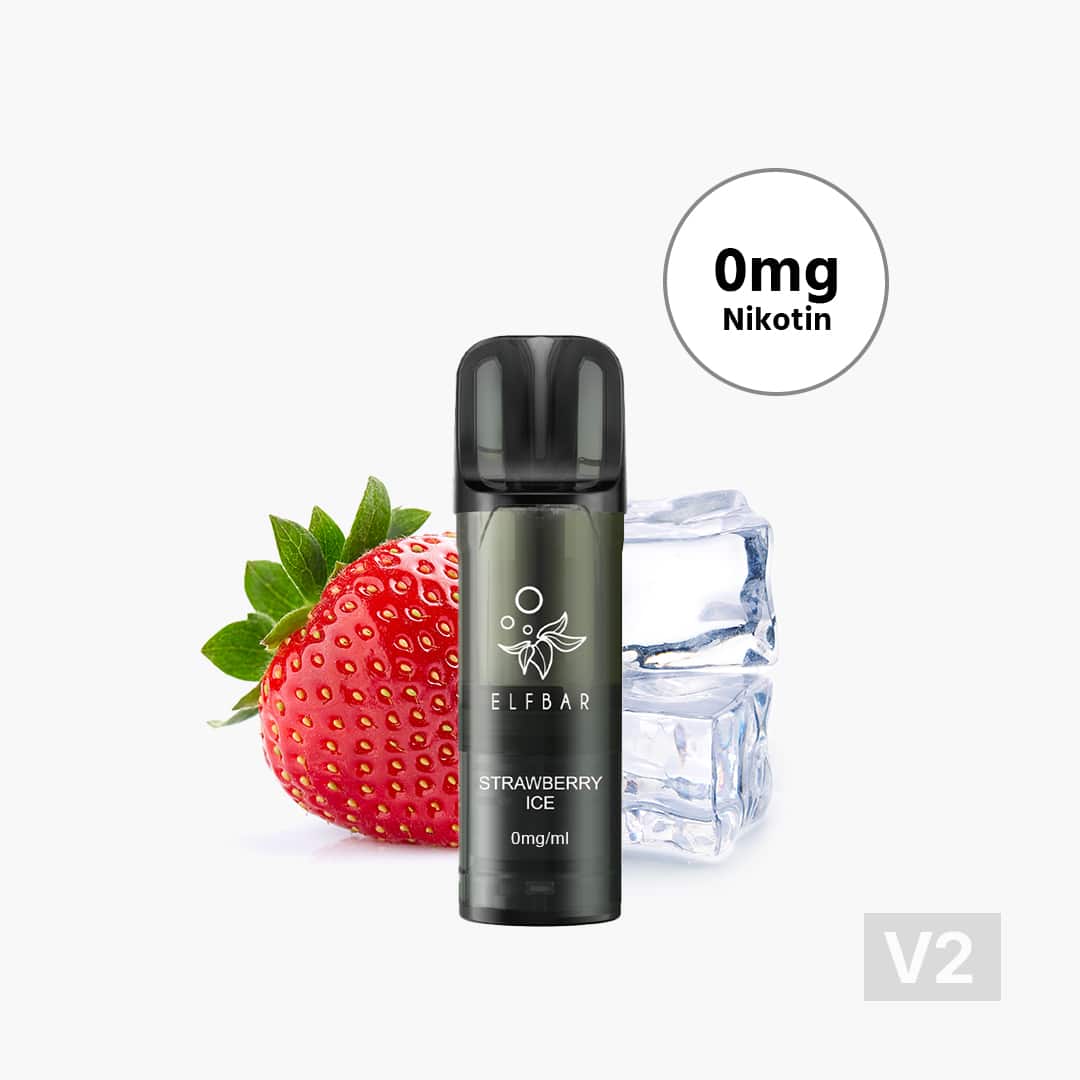 ELFBAR Strawberry Ice V2 Vape 0 mg Nicotine featuring strawberries and ice cubes on a white background