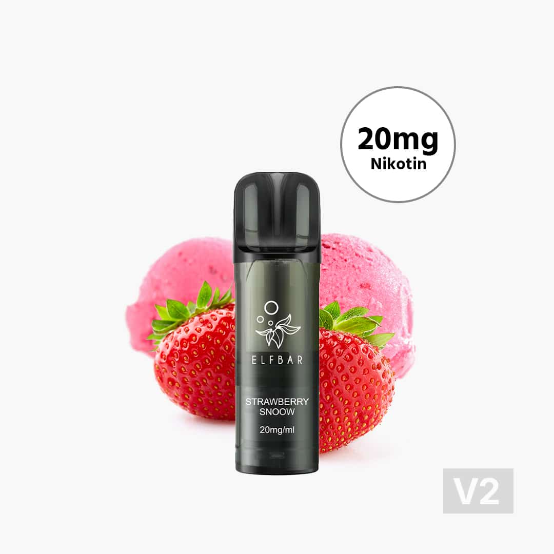 ELFBAR Snoow V2 Vape 20 mg di nicotina, dispositivo a pod nero con fragole e una pallina di gelato rosa su sfondo bianco