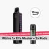 ELFBAR Bundle Mix Vape-Set mit 10 mg Nikotin: schwarzer ELFBAR Stick und Pod auf hellem Hintergrund, Text „Wähle 1x Elfa Master + 2x Pods“.