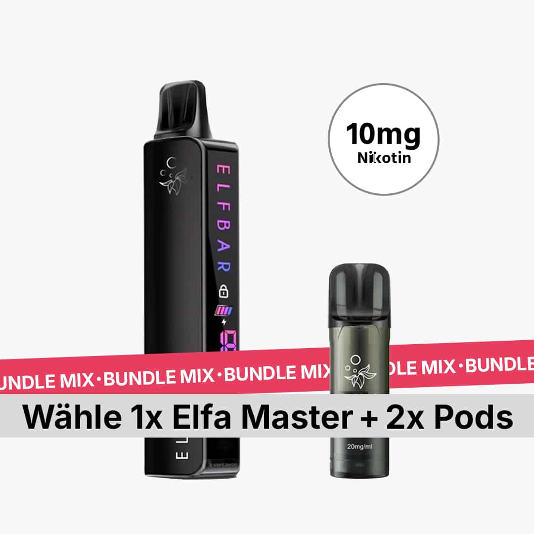 ELFBAR Bundle Mix Vape-Set mit 10 mg Nikotin: schwarzer ELFBAR Stick und Pod auf hellem Hintergrund, Text „Wähle 1x Elfa Master + 2x Pods“.
