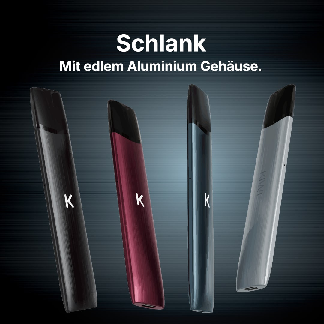 Vier KIWI Vape Pens mit schlankem Aluminium Gehäuse in Schwarz, Rot, Blau und Silber, 20 mg Nikotin.