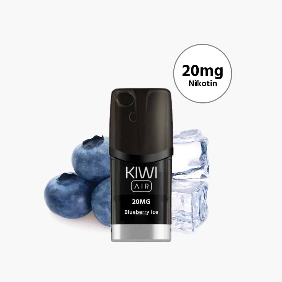 KIWI AIR Pod Blueberry Ice 20 mg Nikotin, schwarzer Pod mit Blaubeeren und Eiswürfeln im Hintergrund