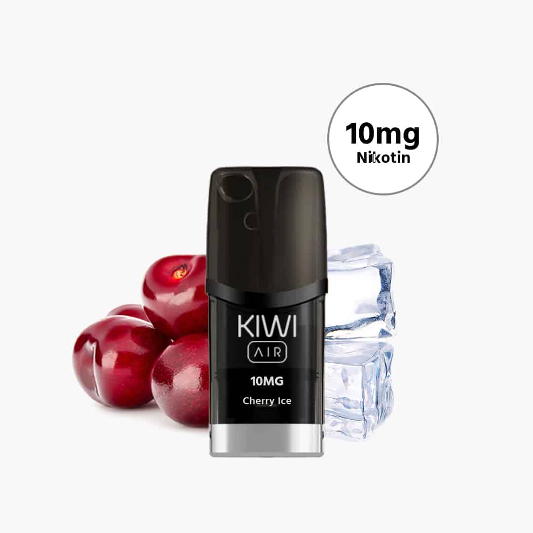 KIWI AIR Pod Cherry Ice 10 mg Nikotin, schwarzer Pod mit Kirschen und Eiswürfeln auf weissem Hintergrund
