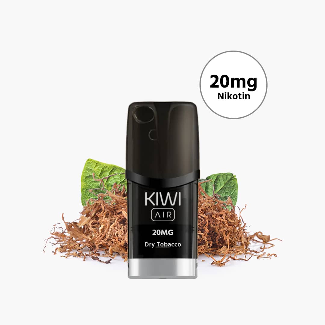 KIWI AIR Pod Dry Tobacco 20 mg Nikotin, schwarzer Pod vor Tabak und grünen Blättern auf weissem Hintergrund