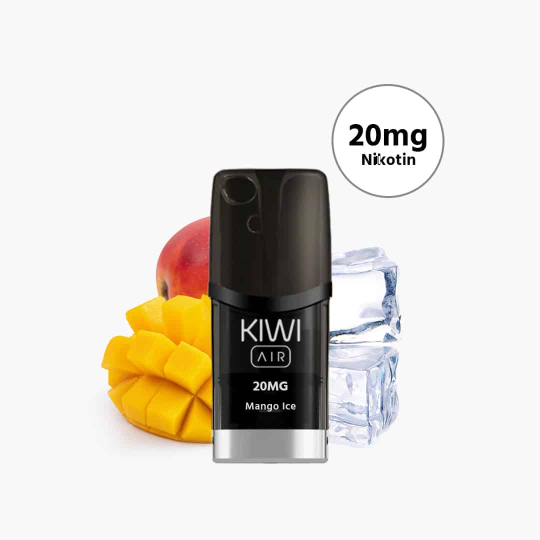 KIWI Air Pod 20 mg Nikotin Mango Ice in Schwarz, mit Mango und Eiswürfeln im Hintergrund