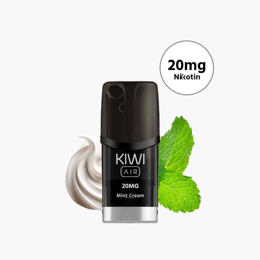 KIWI AIR Pod Mint Cream 20 mg Nikotin, schwarzer Pod mit Minzblättern und Creme-Swirl auf weissem Hintergrund
