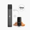 KIWI Vape Pod-System mit KIWI AIR Pod Caramel Tobacco 20 mg Nikotin, schwarzes Gerät mit Tabak- und Karamellstücken