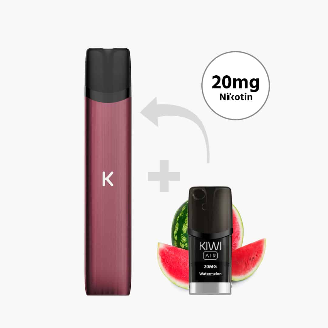 KIWI Pen in Rot mit KIWI AIR Pod Watermelon 20 mg Nikotin, plus Symbol und Wassermelonen im Hintergrund