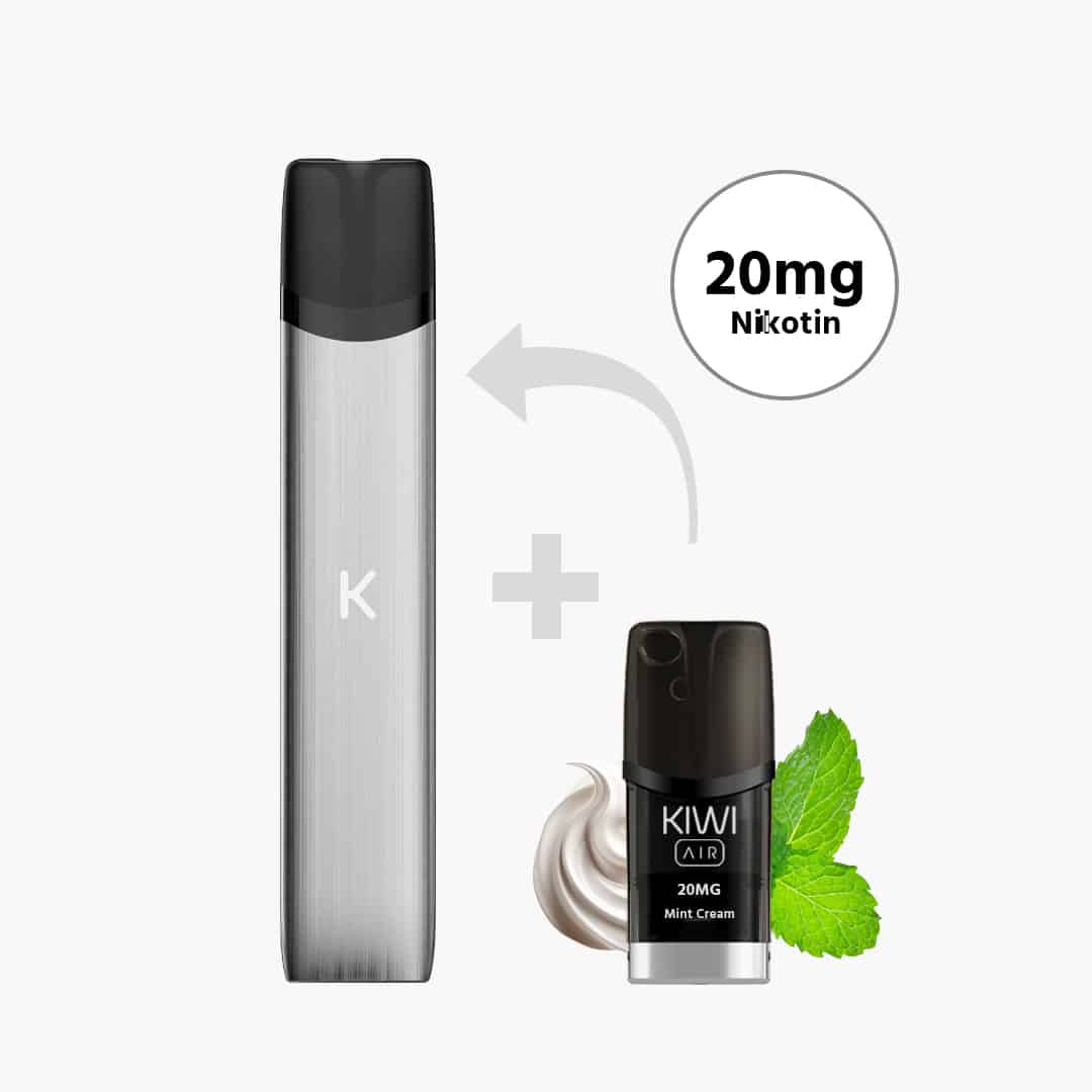 KIWI Pen in Silber mit KIWI AIR Pod Mint Cream 20 mg Nikotin, daneben Minzblätter und Creme-Swirl