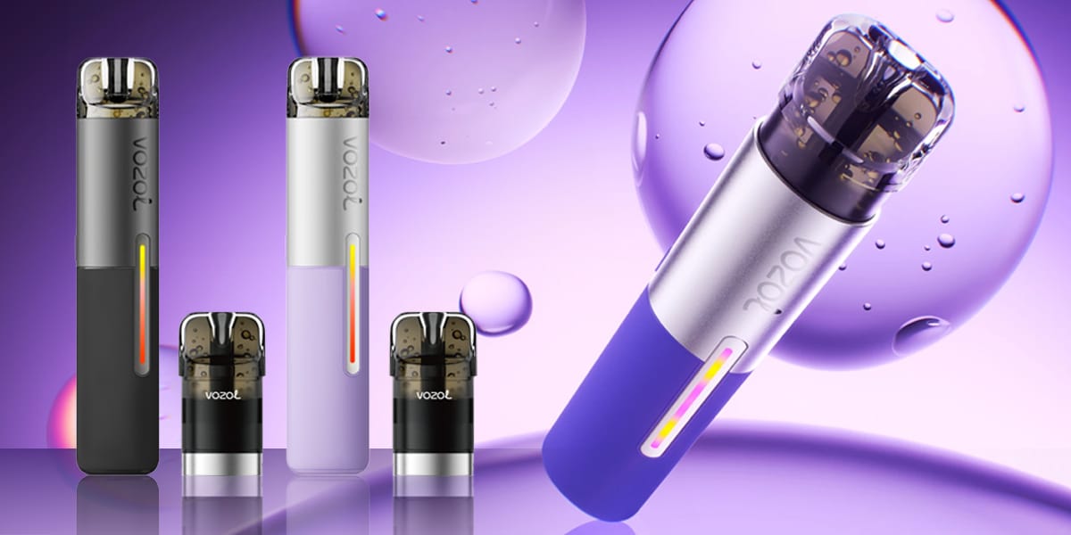 VOZOL Pod-System in Violett/Silber mit passenden Pods, 20 mg, Produktbild vor lilafarbenem Hintergrund