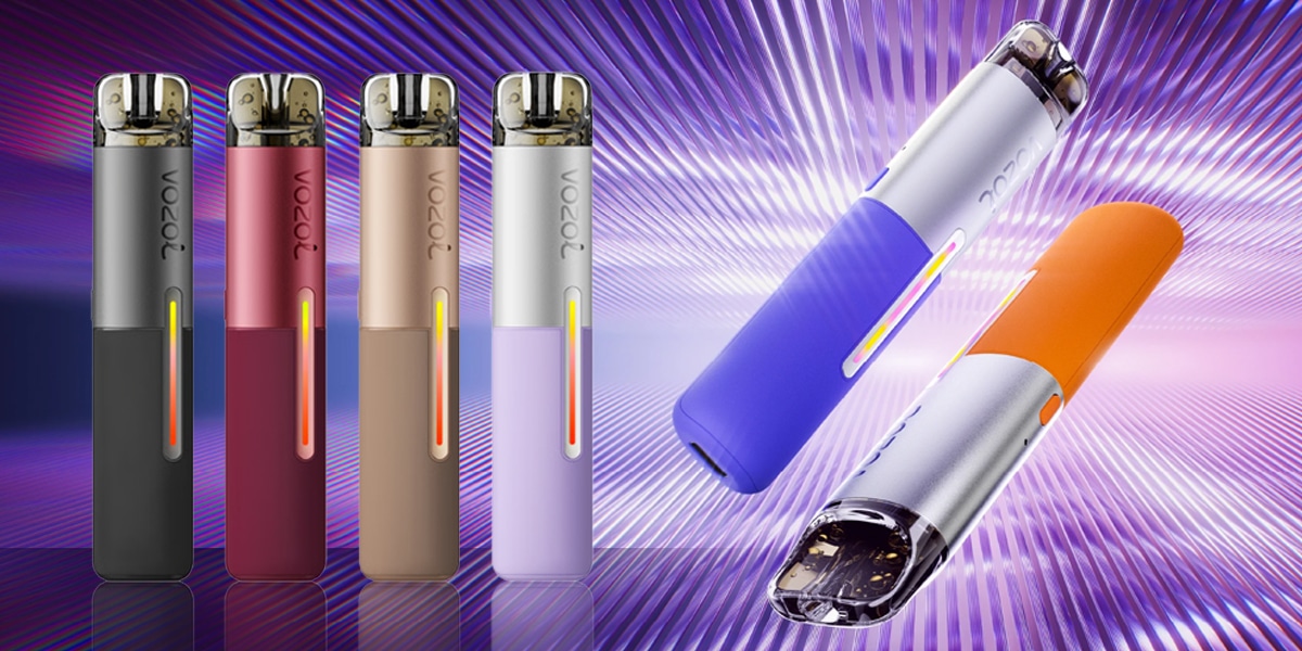 VOZOL Pod Vape 20 mg in Grau, Rot, Beige und Weiss/Lila sowie zwei Geräte in Blau/Weiss und Orange/Silber vor violettem Hintergrund.