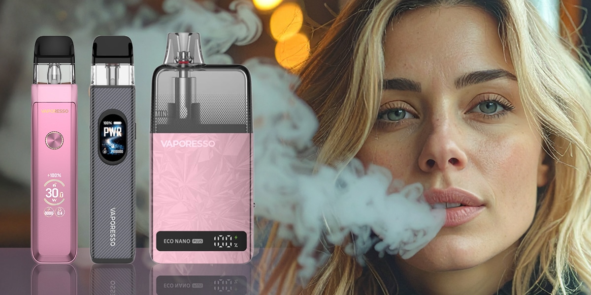 Vaporesso ECO Nano Plus Pod Vape in Pink und Grau, 20 mg Nikotin, Geräteansicht neben Model mit Dampfwolke