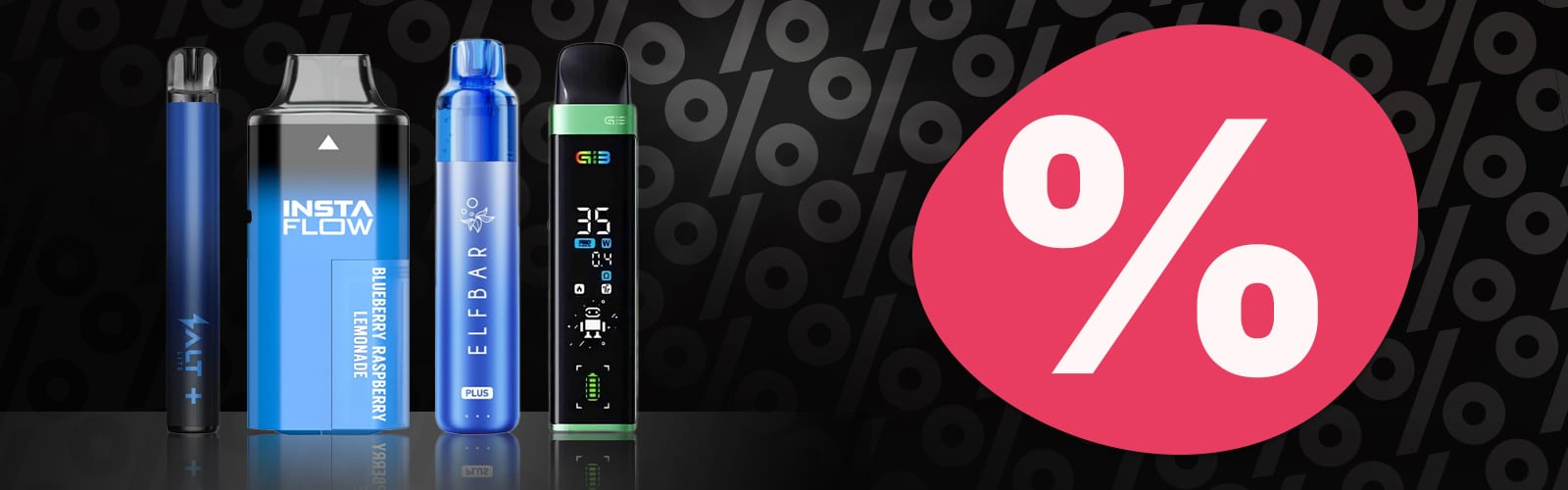 Rabattmotiv: mehrere Vapes (u.a. INSTA FLOW Blueberry Raspberry Lemonade, Elfbar) vor grossem Prozent-Zeichen