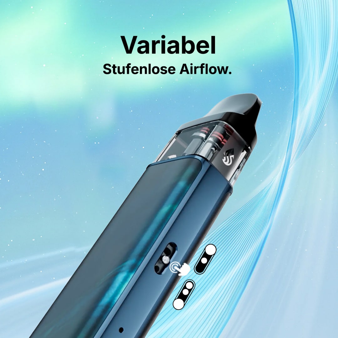 Blaues Vape Pod-System mit transparentem Pod und Schieberegler für variable, stufenlose Airflow, 20 mg