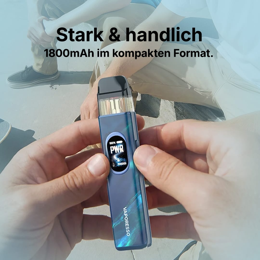 Vaporesso Vape in Blau mit Display (PWR) in der Hand, Text „Stark & handlich“ und 1800mAh, 20 mg