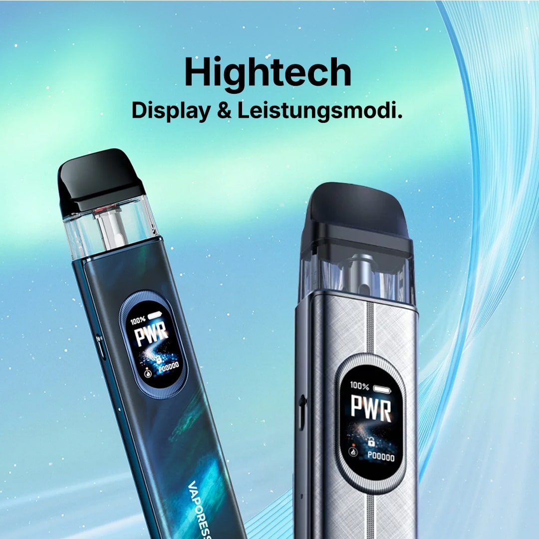 Vaporesso Pod-Vape mit Display (PWR/100%) und sichtbarem Pod, „Hightech Display & Leistungsmodi“ Hintergrund, 20 mg