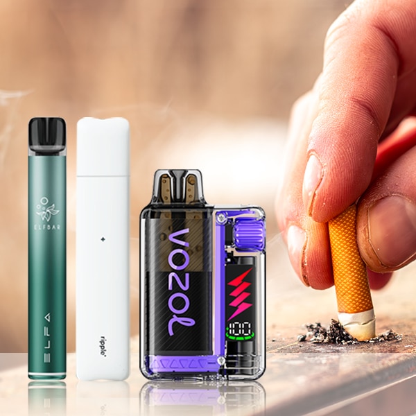 Immagine del prodotto con Elfa Vape (verde), dispositivo Ripple (bianco) e dispositivo Vozol (nero/viola) accanto a una sigaretta spenta, 20 mg
