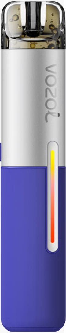Vozol Einweg-Vape in Blau und Silber mit transparentem Mundstück, 20 mg Nikotin, Frontansicht