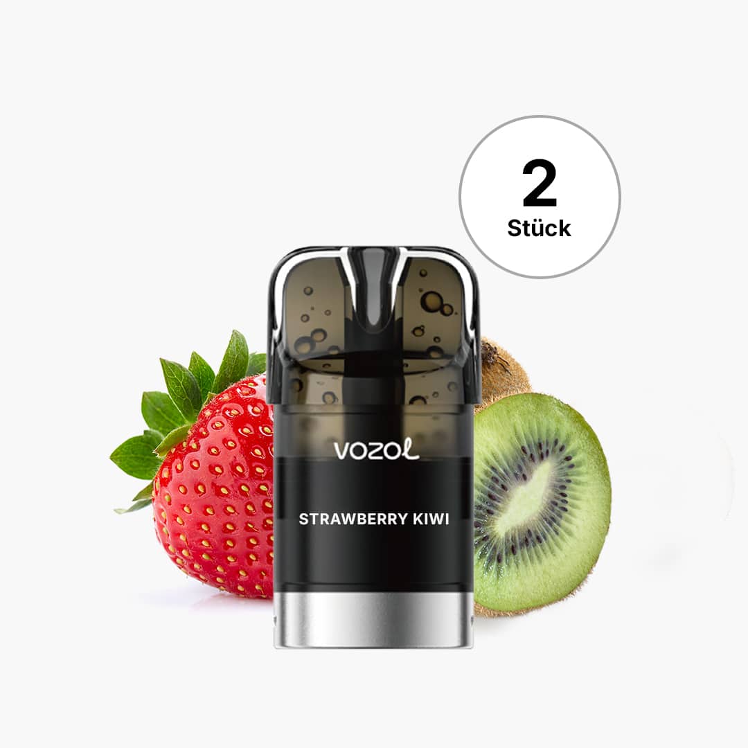 VOZOL Strawberry Kiwi Pod 20 mg im 2 Stück Pack, schwarzes Pod-Design vor Erdbeere und Kiwi auf weissem Hintergrund