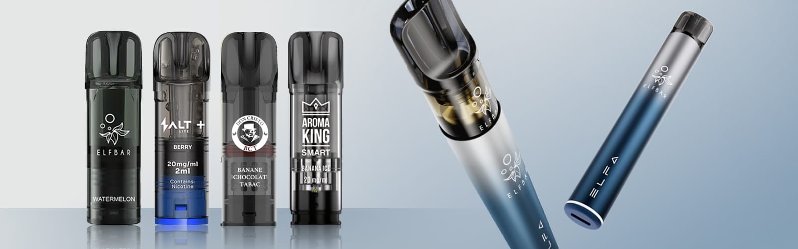 ELFBAR ELFA Vape Device in Blau mit Pods, 20 mg Nikotin, u.a. Watermelon, Berry und Banana Ice vor hellem Hintergrund
