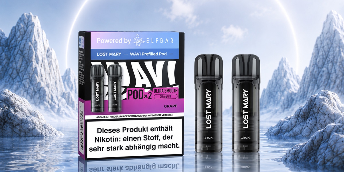 Lost Mary Wavi Prefilled Pod Grape 20 mg/ml, Pod x2 Ultra Smooth, Packung mit zwei schwarzen Pods vor Eislandschaft