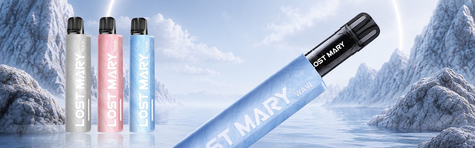 Lost Mary Wavi Einweg-Vape in Blau mit schwarzem Mundstück vor eisiger Berglandschaft, 20 mg Nikotin