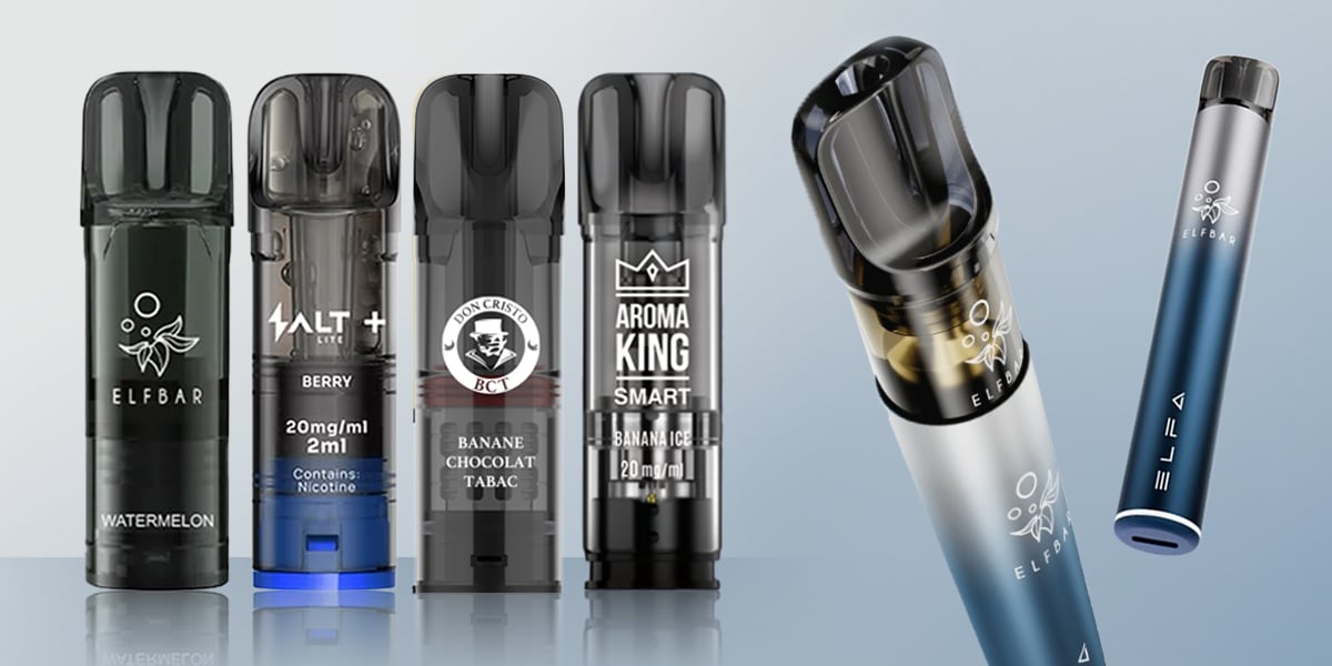 Elfbar ELFA Pod-System mit Pods 20 mg/ml: Watermelon, Berry, Banane Chocolat Tabac und Banana Ice auf grauem Hintergrund