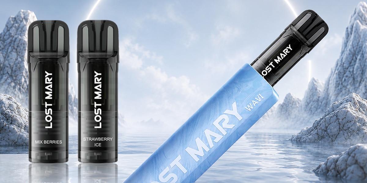 LOST MARY WAVI Vape 20 mg mit Mix Berries und Strawberry Ice Pods vor eisiger Berg- und Seelandschaft