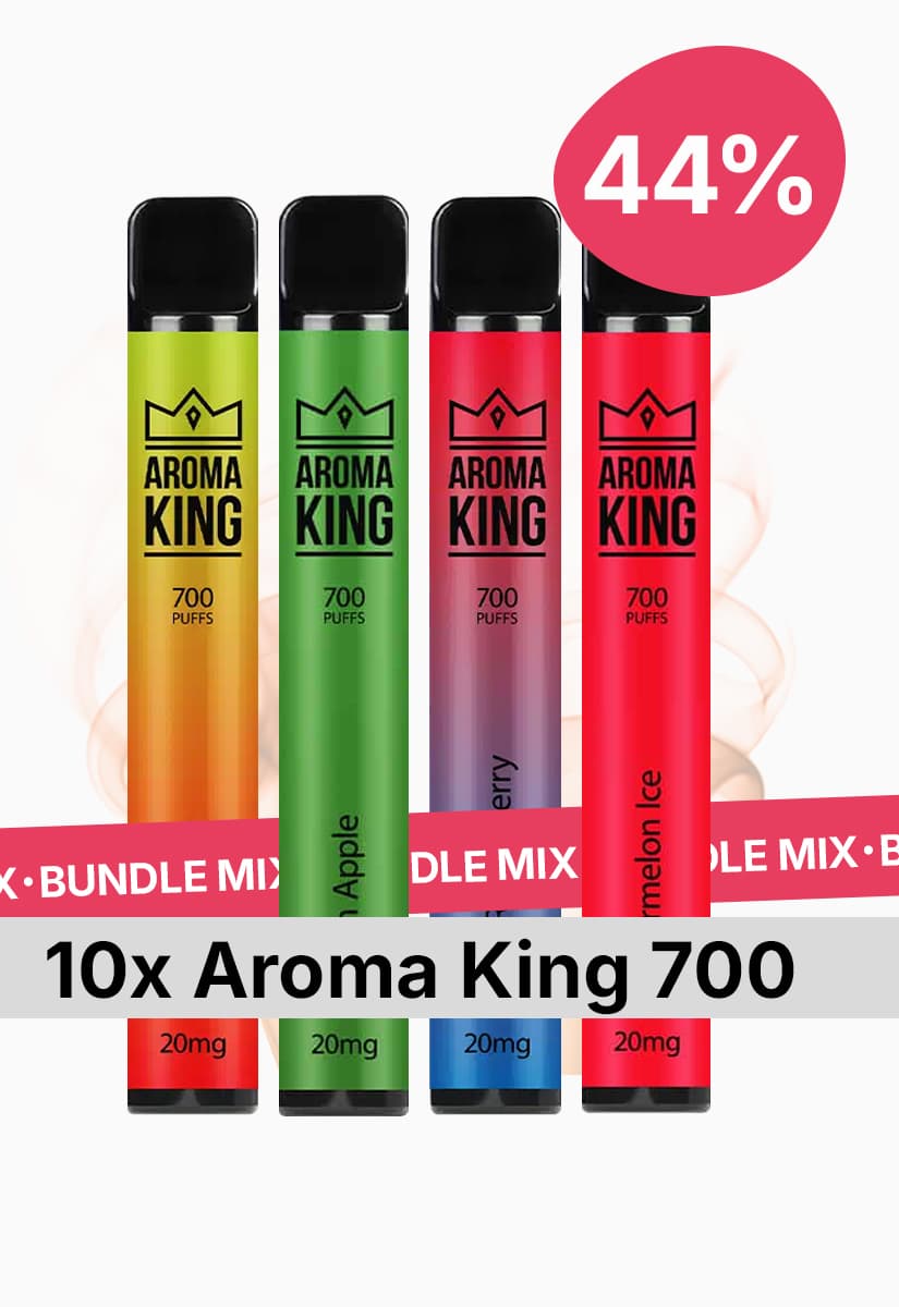 Lot de 10 vapoteuses jetables « Aroma King 700 » Mix 20 mg, quatre sticks colorés (Pomme, Baies, « Watermelon Ice ») avec une réduction de 44 %