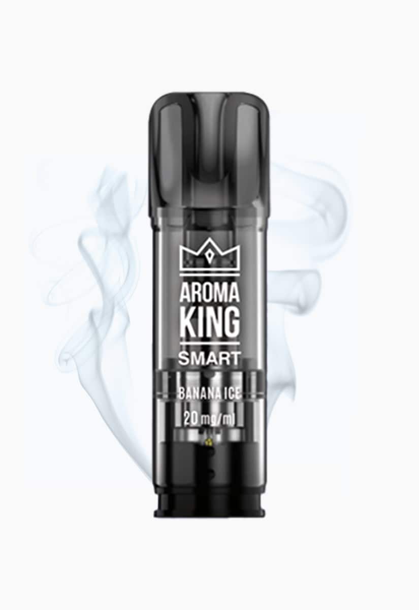 Aroma King Smart Pod Banana Ice 20 mg/ml, schwarzes Kartuschen-Design vor weissem Hintergrund mit Dampf