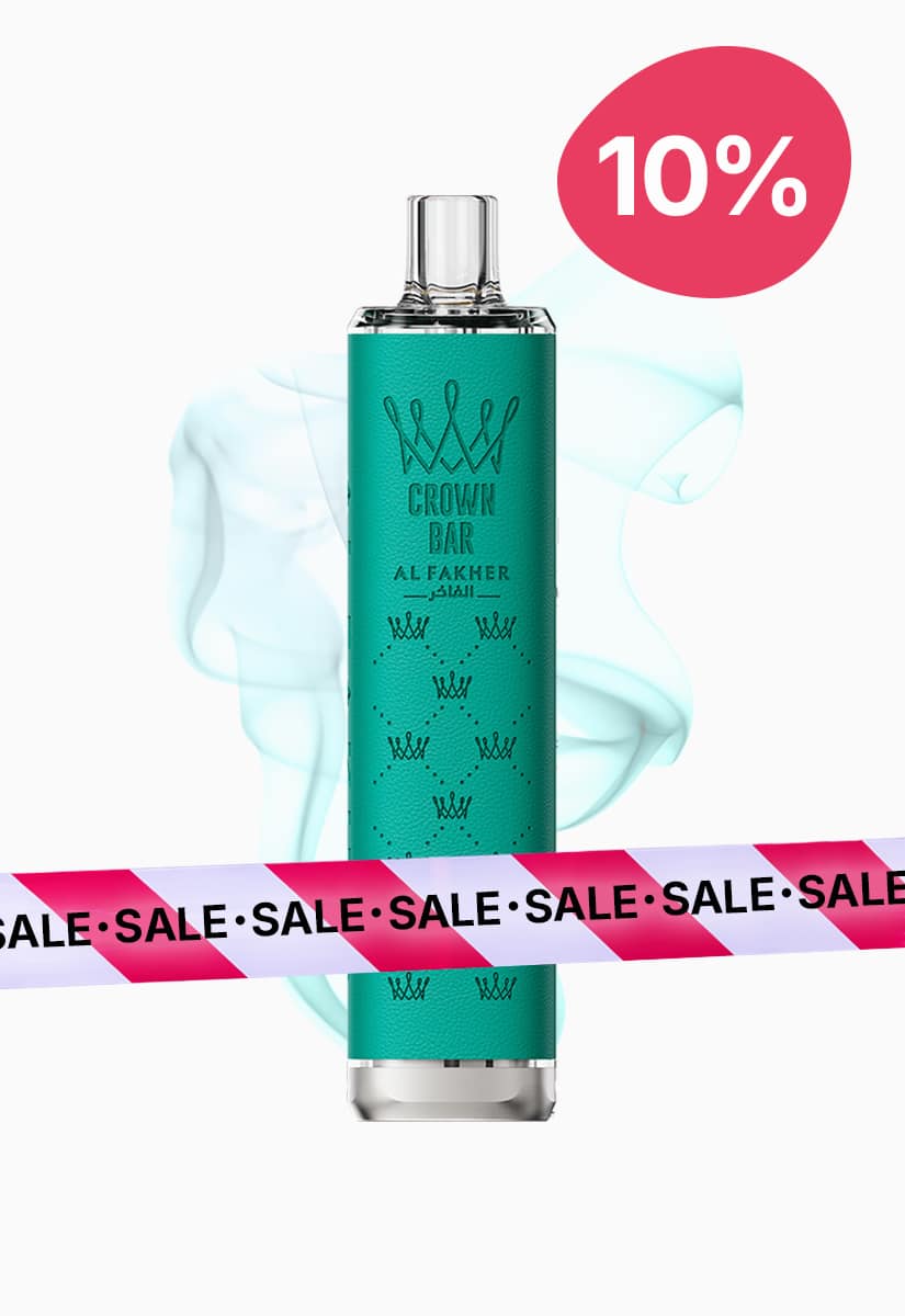 Crown Bar Al Fakher Vape in Türkis/Grün mit 20 mg Nikotin, SALE-Banner und 10%-Rabatt-Kreis auf weissem Hintergrund