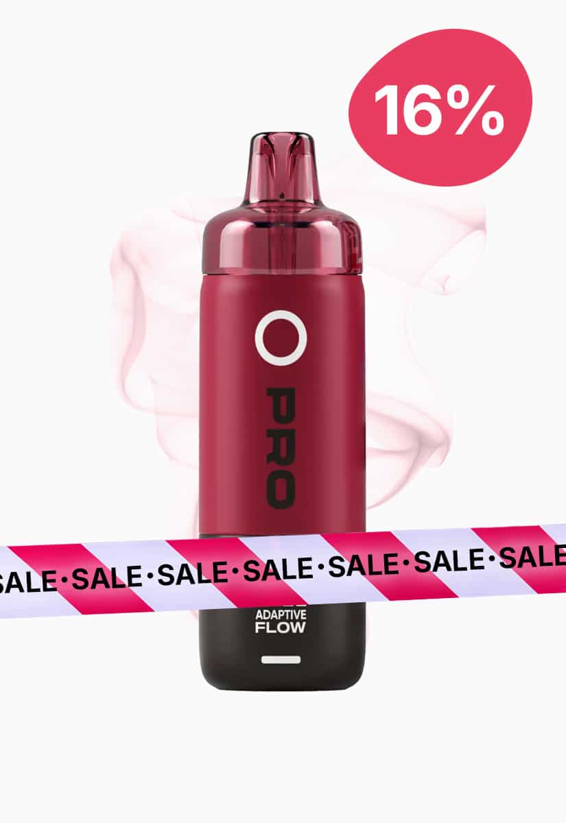 Rote Vape PRO mit Aufdruck „Adaptive Flow“, Produktfoto mit 16% Rabatt-Icon und SALE-Band, 20 mg Nikotin
