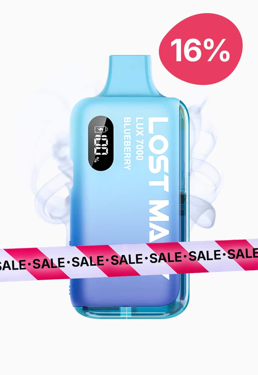 Lost Mary Lux 7000 Blueberry Vape 20 mg in Hellblau mit Rauch-Effekt, SALE-Band und 16%-Badge im Bild