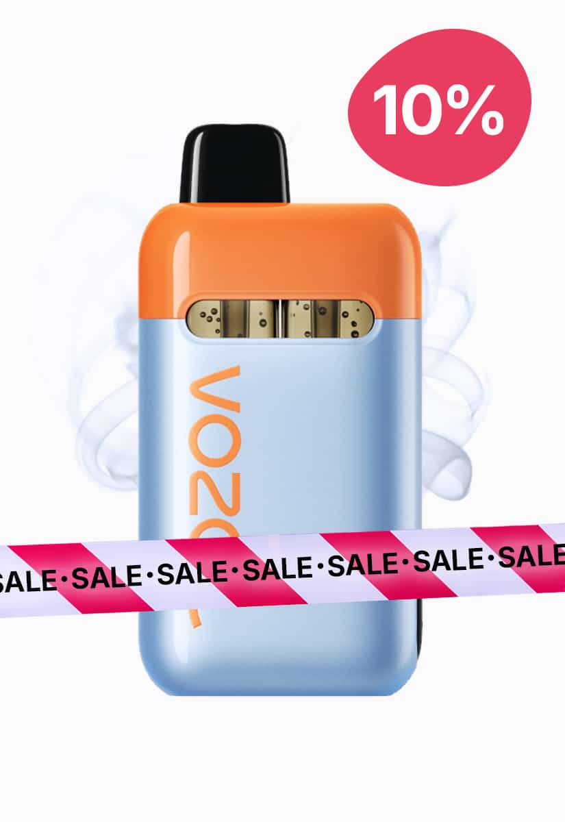 VOZOL-Vape in Blau und Orange mit 20 mg Nikotin, mit SALE-Band und 10%-Badge auf weissem Hintergrund.